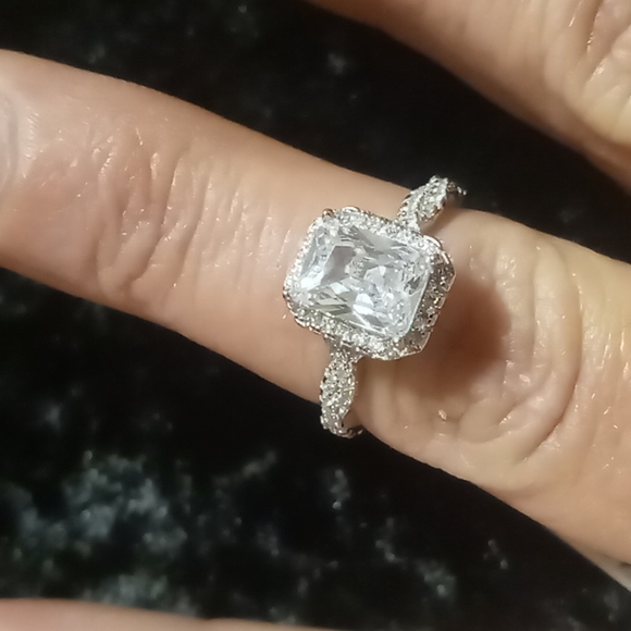 Princess cut simulated diamond engagement ring with pave diamond twisted band. - Picture 3 of 7